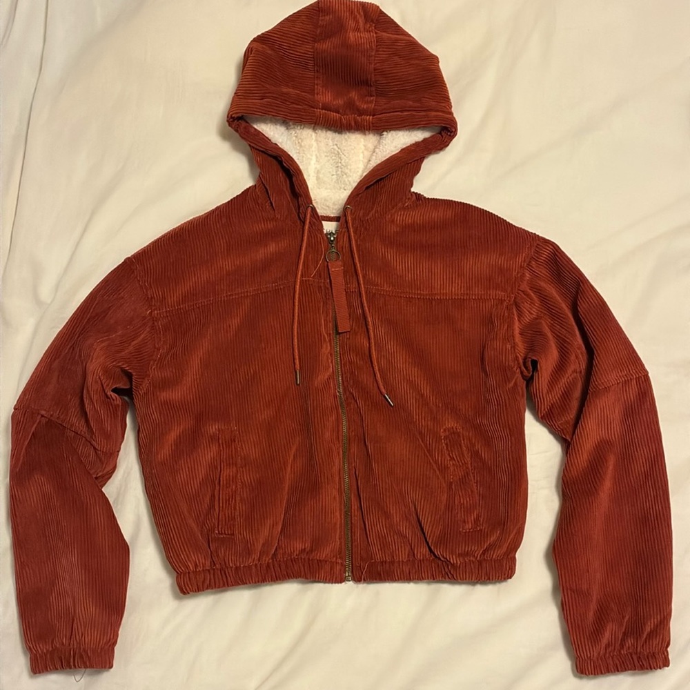 Cropped burnt-orange corduroy hooded jacket